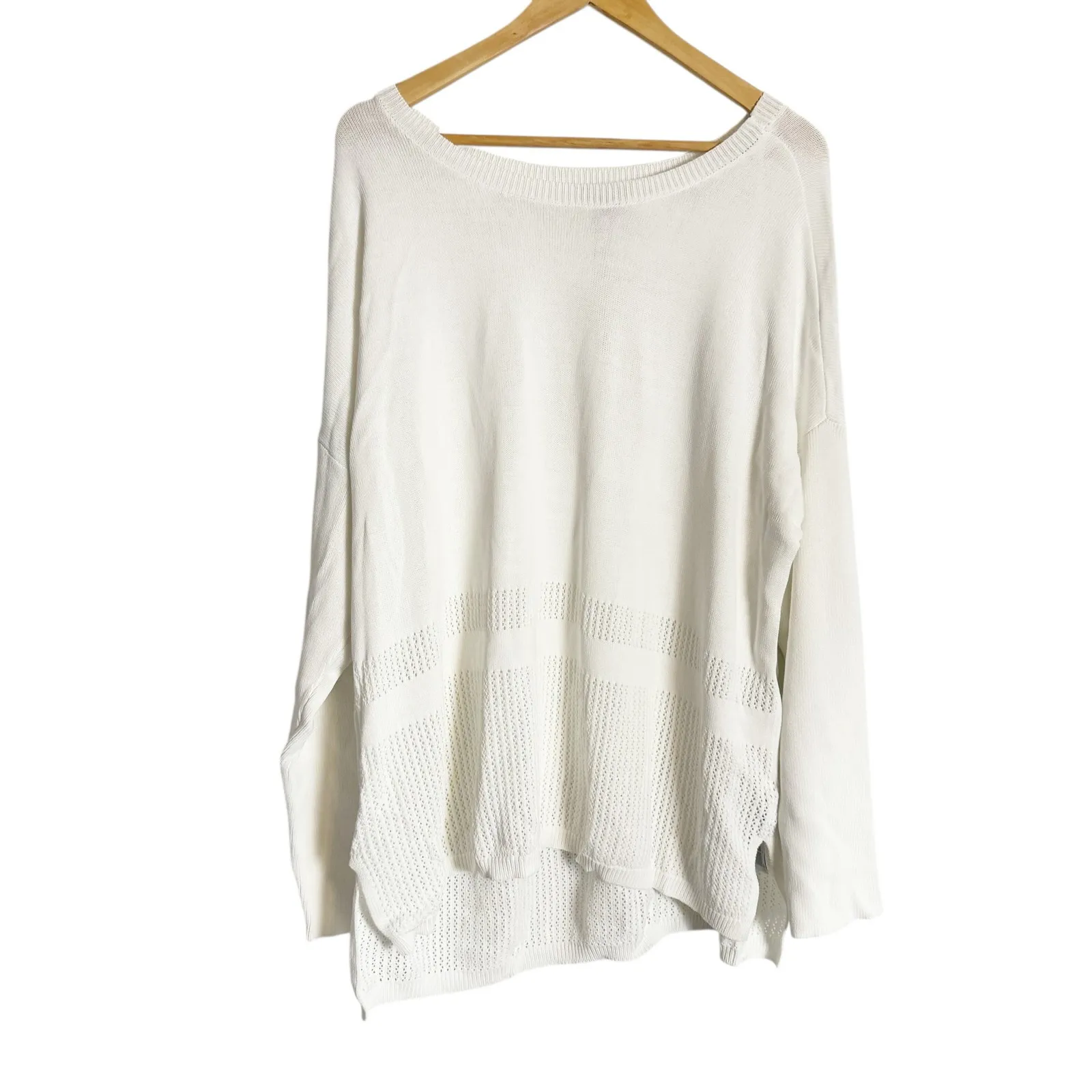NYDJ Optic White Pointelle Knit Split Hem Long Sleeve Boat Pullover Sweater XL - Image 2