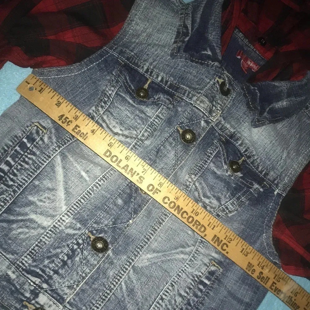 𝅺BONGO denim and plaid button up jacket with detachable hood Y2K size M - Image 8