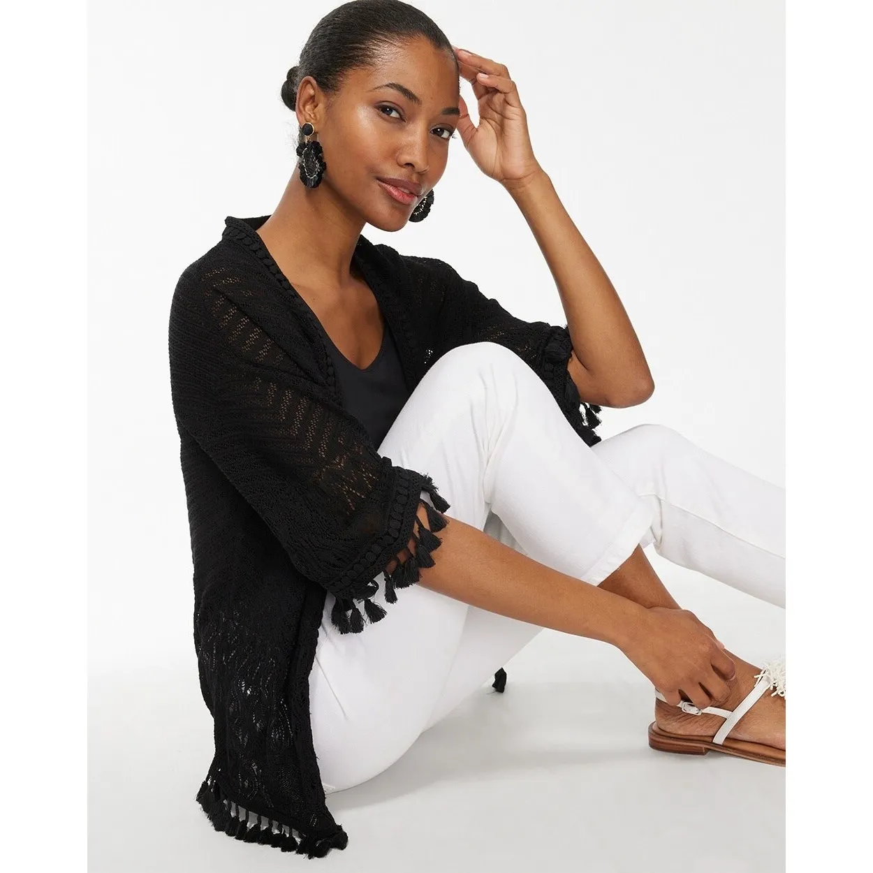 Chicos Tassel Trim Crochet Open Black Boho Cardigan Sweater Lightweight 0 S new - Image 5