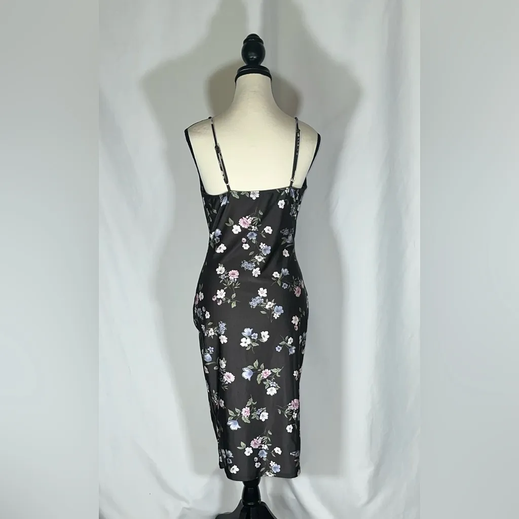 IRIS • Black Silky Floral Bodycon Size Med. Y2K 90s Slip Dress Grunge Glam Punk - Image 3