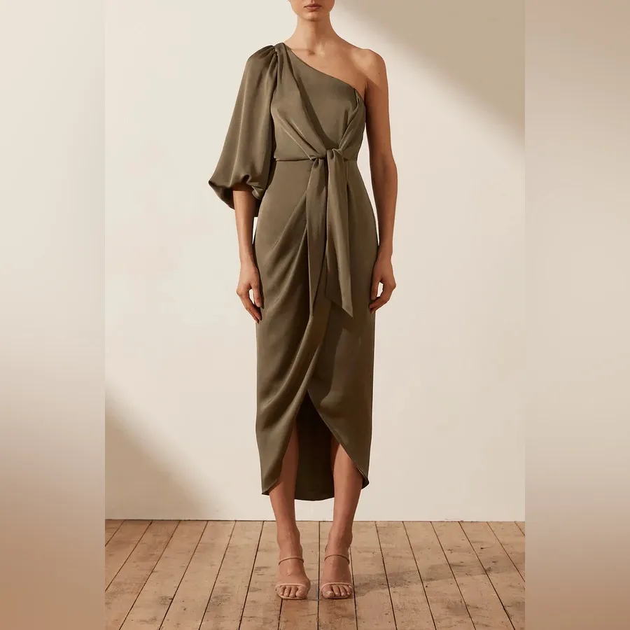 Shona Joy Luxe Tie Front One Shoulder Dress in Pine AU6/US2 - Image 15