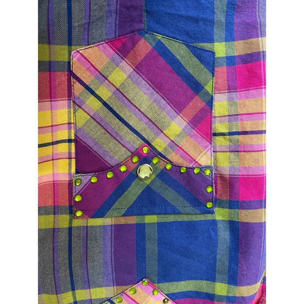 Rough Stock womens size L shirt plaid purple/pink pearl snap western style Purple Size L - Image 6