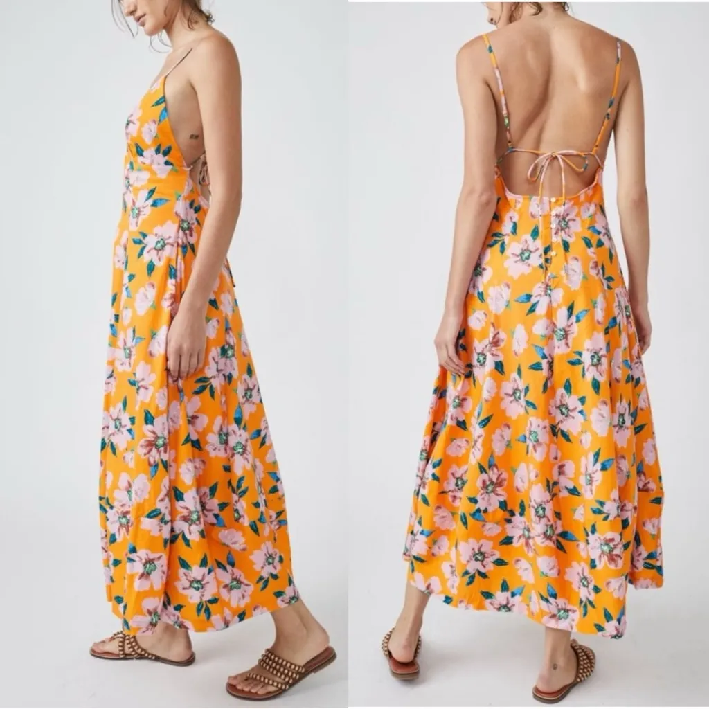 Free People Finer Things Printed Halter Midi Dress Sunshine Combo Small Tropical - Image 8