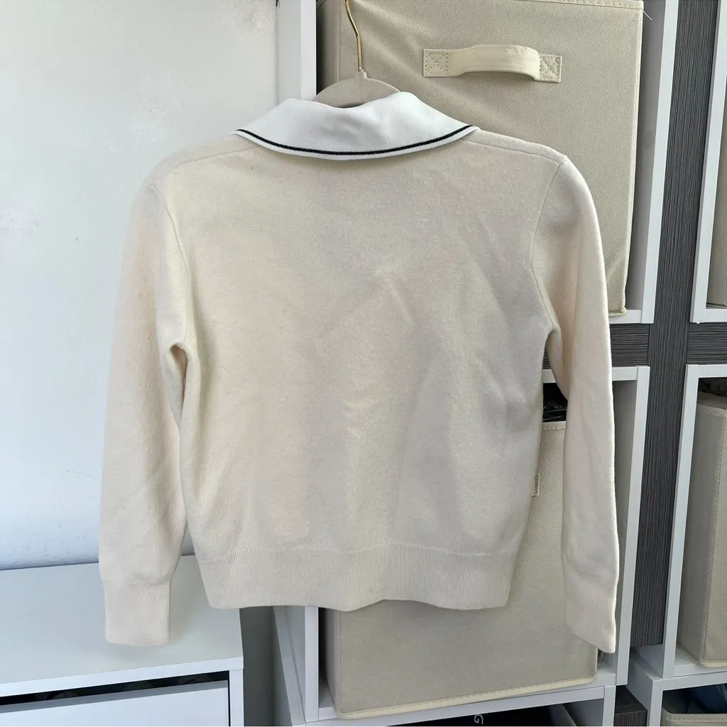 Sandro Alizia V Neck Collared Wool & Cashmere Sweater in Cream and White - Image 5