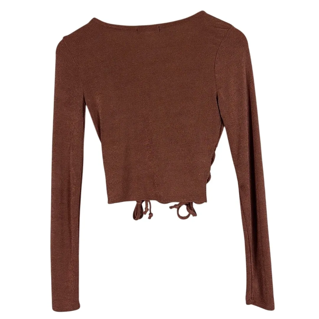 Almost Famous Crop Top Womens S Rust Brown Jersey Knit Ruched Fall Earthy Indie - Image 3