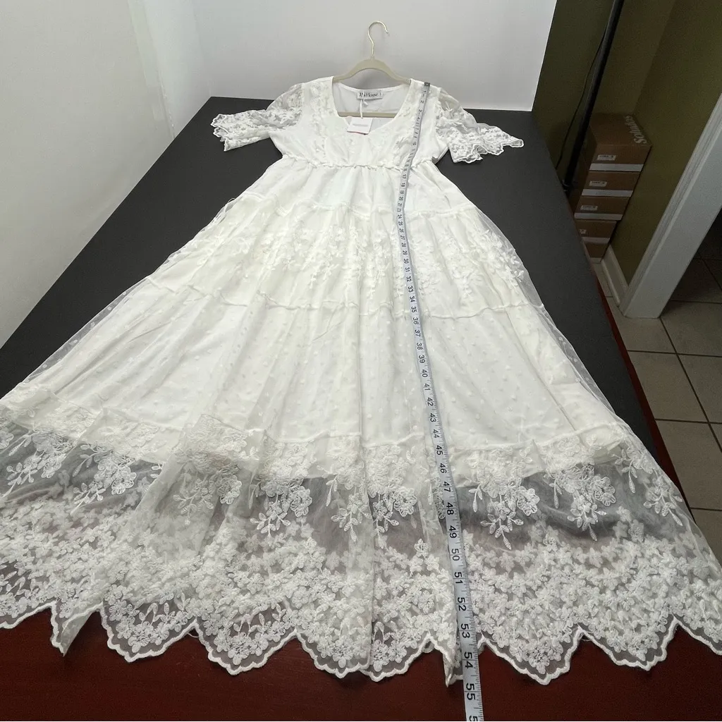 JJ's House Flower‎ Ruffle V-Neck A-line Lace Maxi Dress # 288443 White Large NEW - Image 10