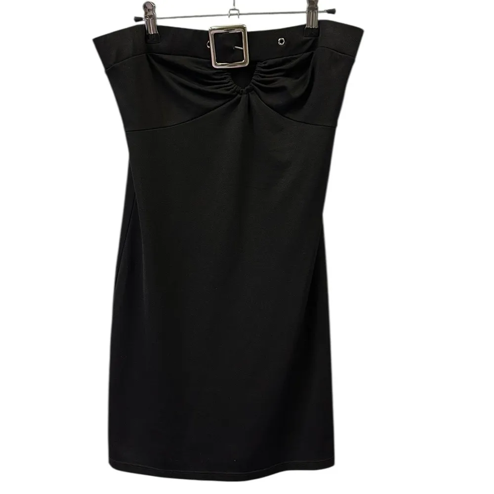 Y2K 90s Hot Kiss Black Strapless Silver Buckle Keyhole Front Mini Dress Medium - Image 10