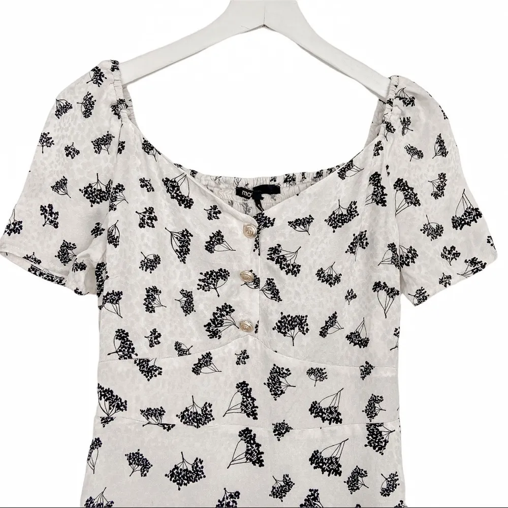 Maje White Floral Silk Metallic Buttons Satin Cocktail Mini Dress size 8 - Image 7