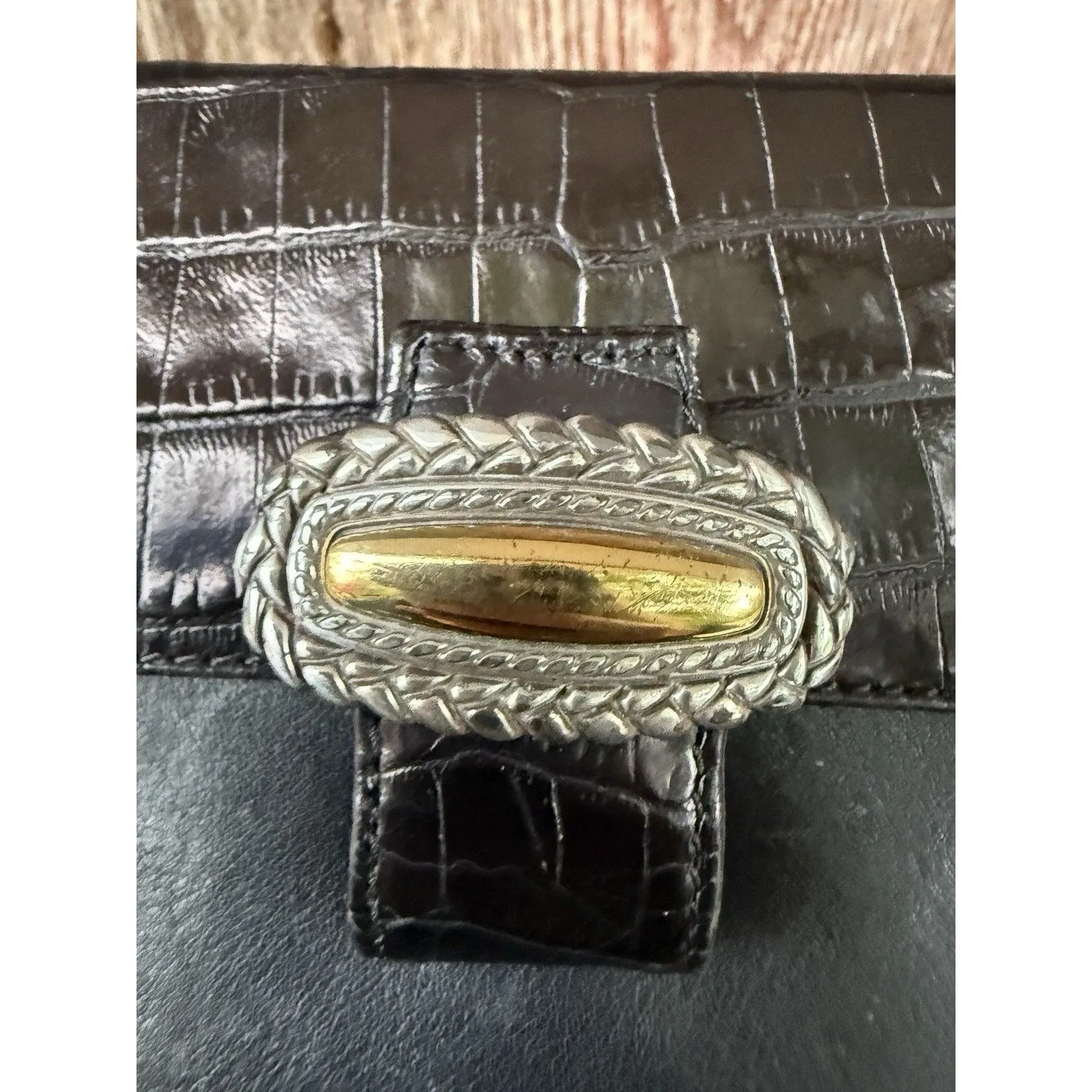 Brighton Leather Handbag Purse Shoulder Bag Brown Black Croc Embossed Crossbody - Image 4