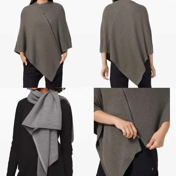 {OS} Lululemon On Thr Go Poncho Sweater Scarf Combo In Grey Sage - Image 2