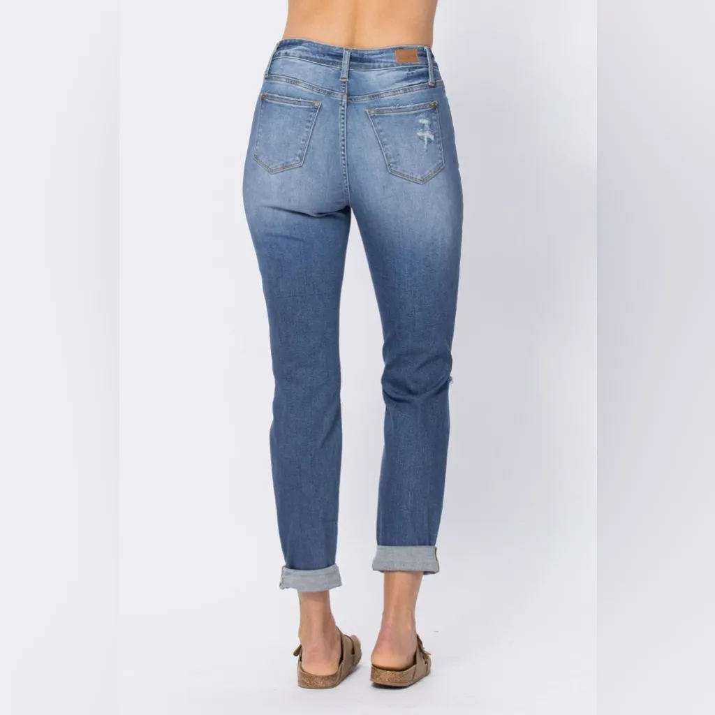 Judy Blue High Waist Cuffed Boyfriend Denim Jeans Distressed Straight Leg 11/30 - Image 2