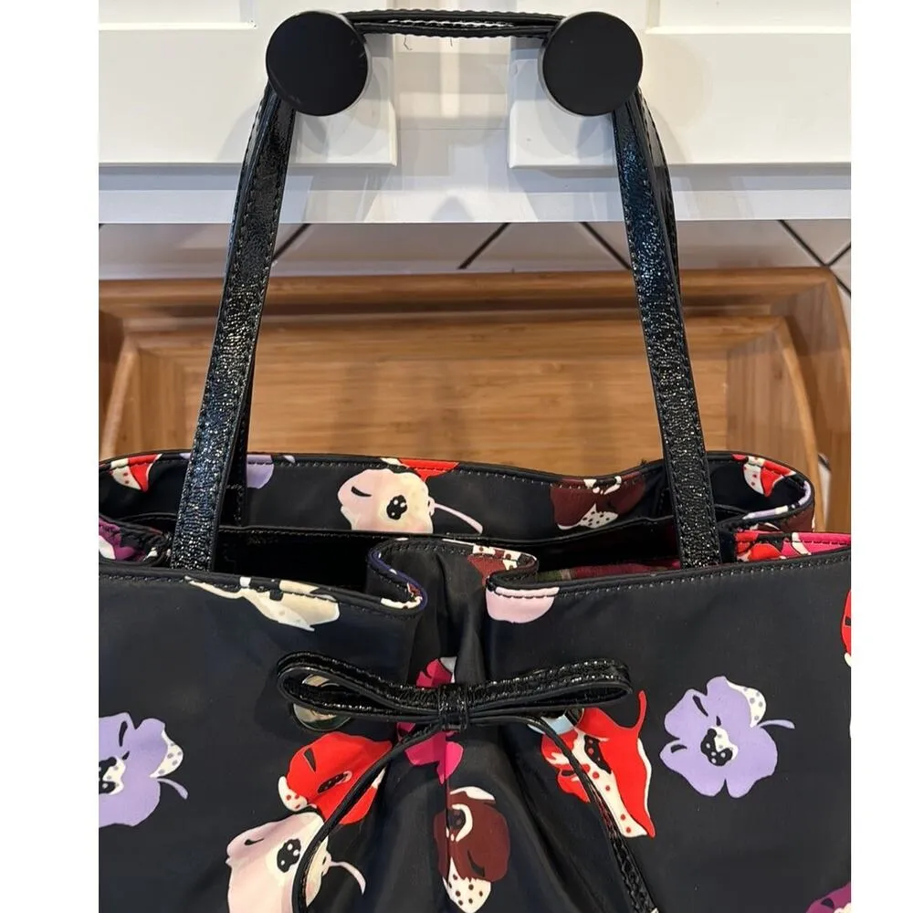 KATE SPADE black floral poppy print nylon patent leather satchel tote bow accent - Image 6