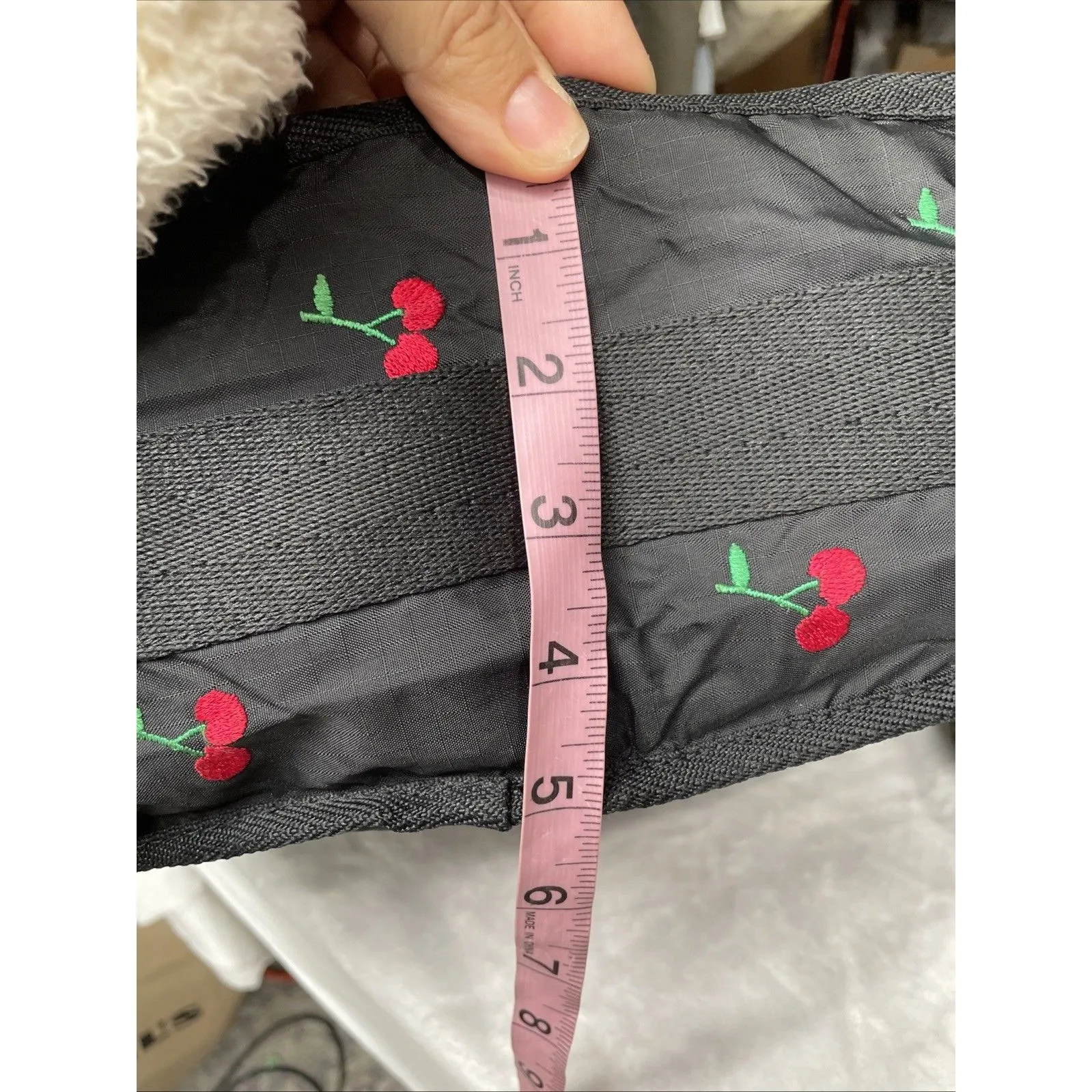 LeSportsac HTF Red Cherries Embroidered Shoulder Bag Purse Clean Black - Image 9