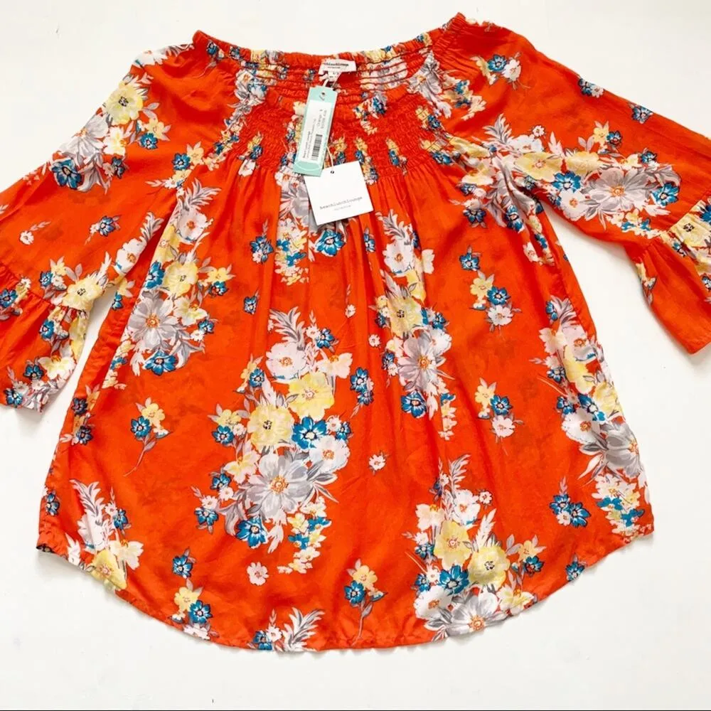 beachlunchlounge Top Latoya Tangerine Floral 3/4 Bell Sleeve Peasant Top Small - Image 15