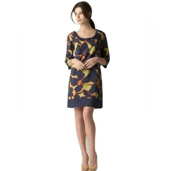 LOFT Navy Green Orange Cotton Blend‎ Tropical Floral 3/4 Sleeve Shift Dress 8 - Image 2