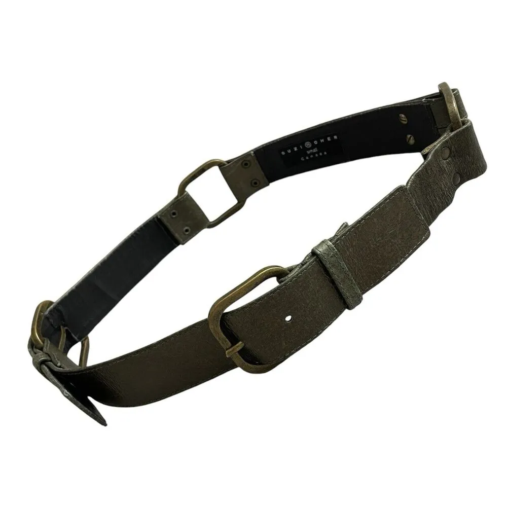 Vtg Suzi Roher Leather Belt Small Womens Green Metallic Brass Abel Canada 1.5" - Image 2