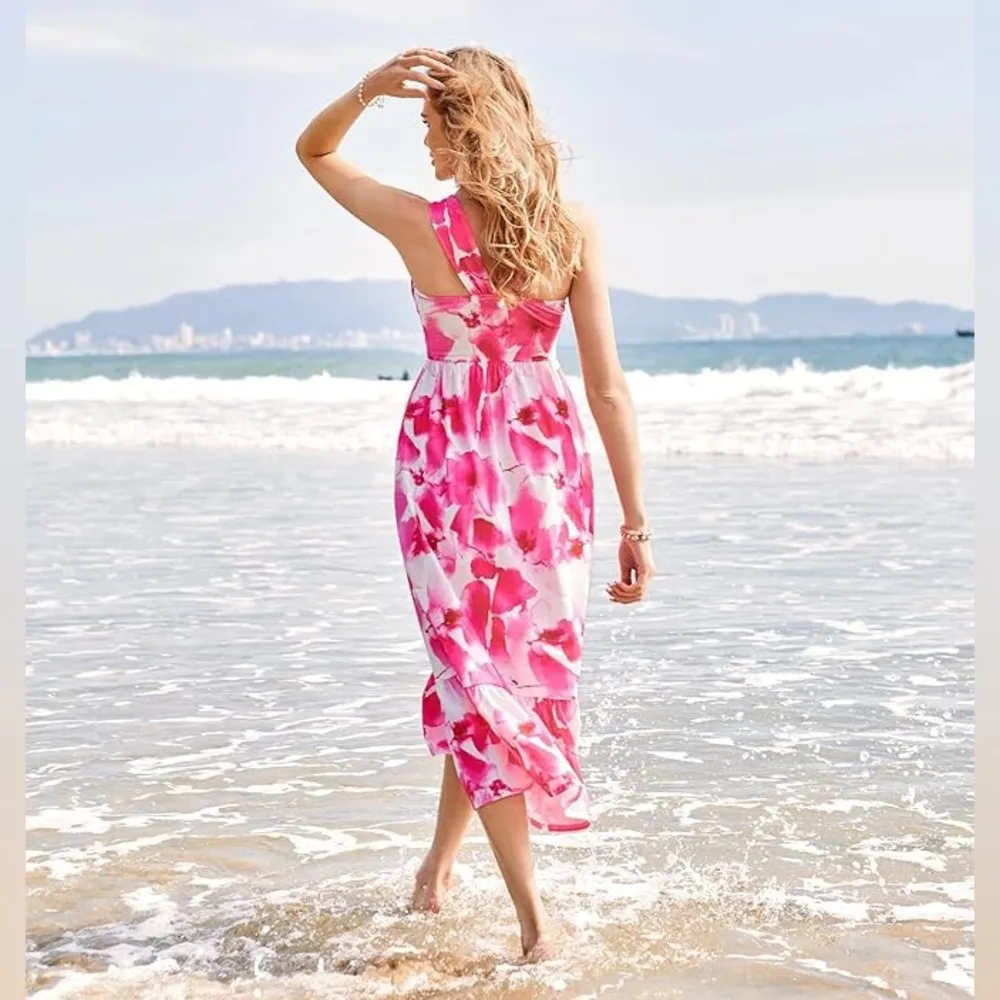 Grace Karin Criss Cross Halterneck Flowly A Line Maxi Dress‎ in Pink Watercolour - Image 2
