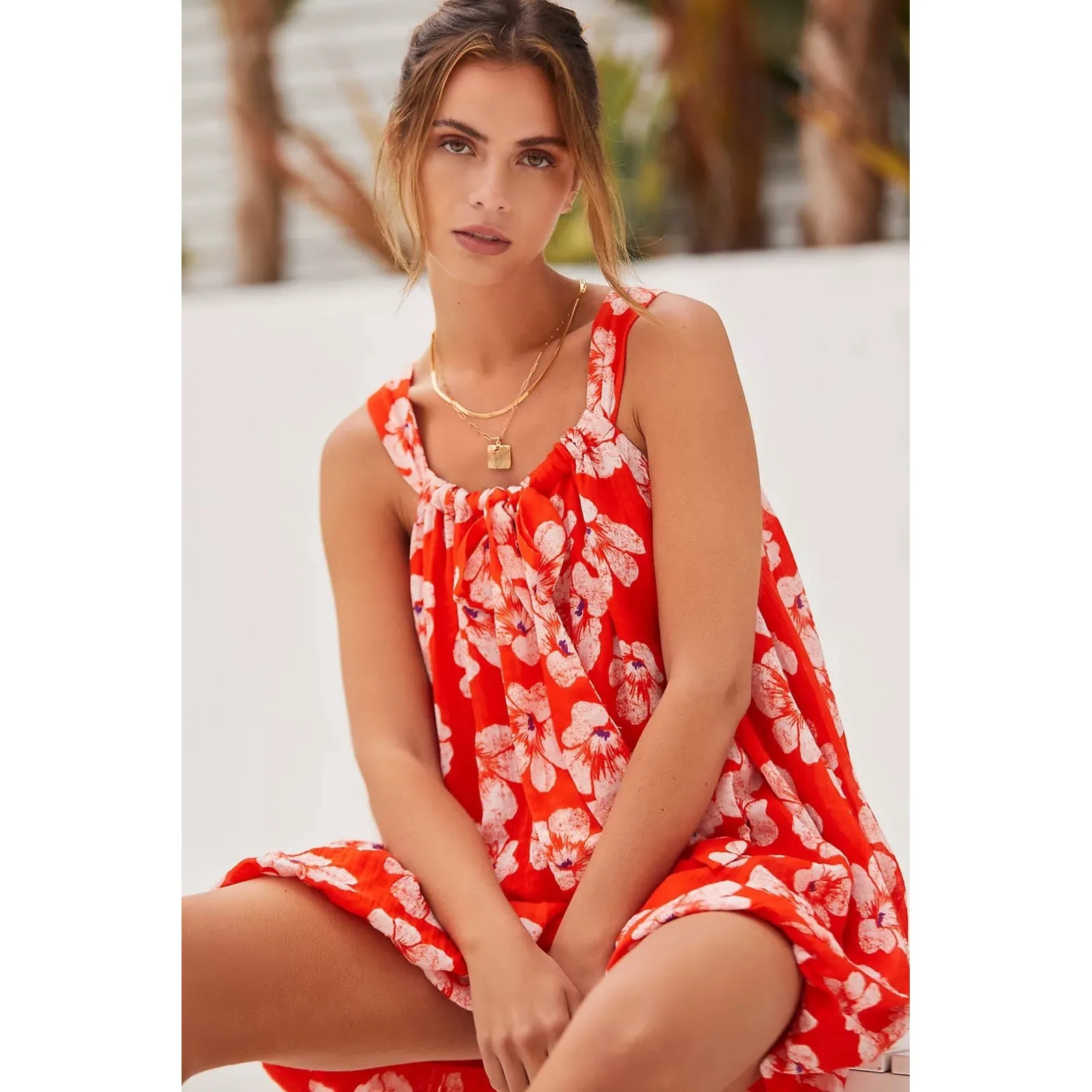 By Anthropologie Tiered Coral Gauze Bubble-Hem Mini Dress Size Small Petite - Image 3