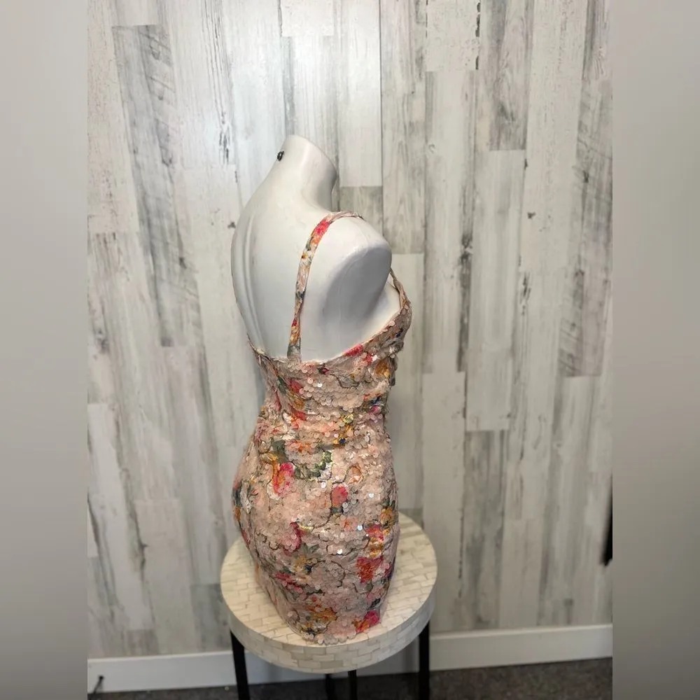 Kira Kira Sequin Floral Bodycon Dress with Front Tie Cutout – Size Large - Image 6