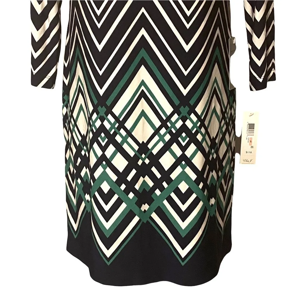 Eliza‎ J Navy Green White Zig Zag Dress Zipper Back NWT Size 2P EJ6P0282 - Image 3