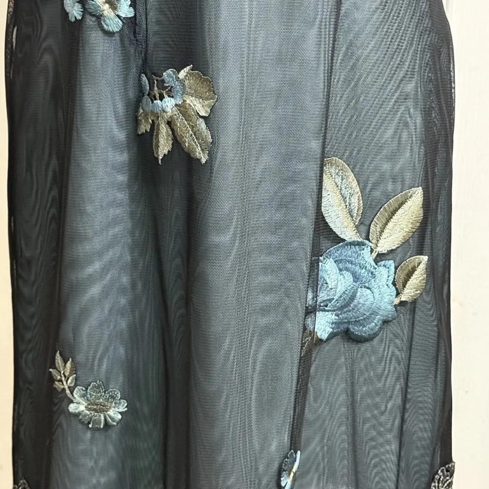 Adrianna Papell Dress Floral Beaded Sheer Silk Empire Waist Black Blue 12 - Image 4