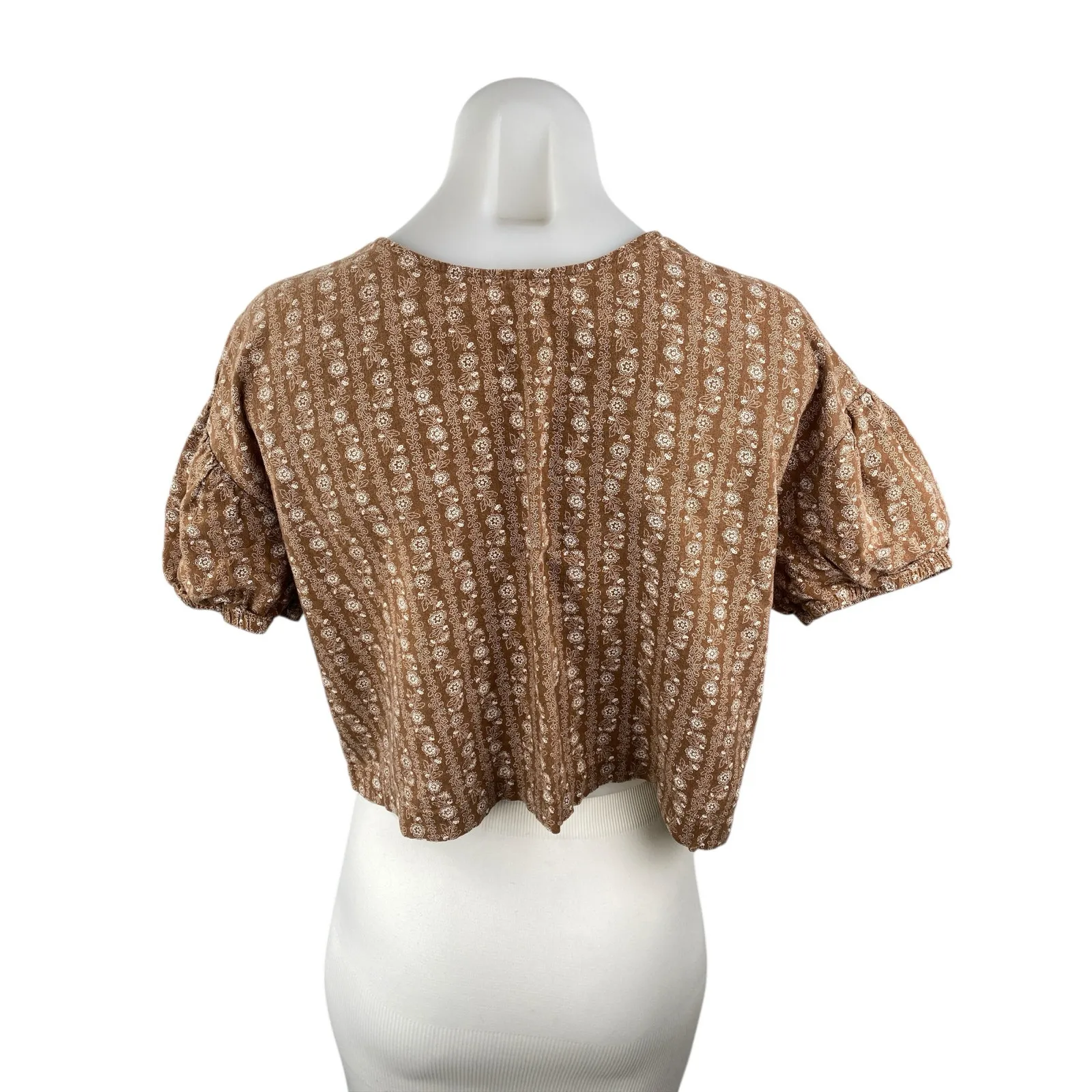 Brixton Balboa Brown Floral Stripe Linen Sort Sleeve Boxy Blouse Crop Top Size S - Image 2