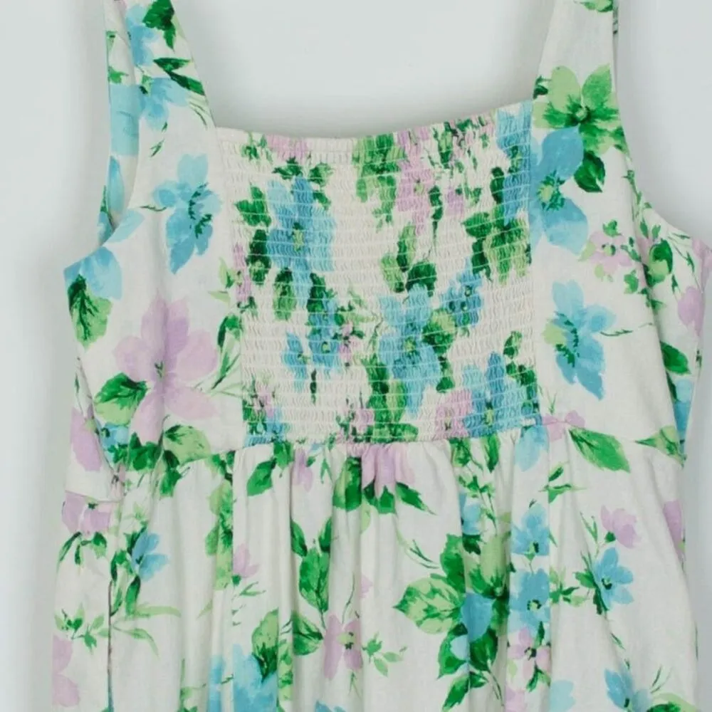 Old Navy Womens Floral Linen Midi Dress Size XL White Smocked Cottagecore Spring - Image 9
