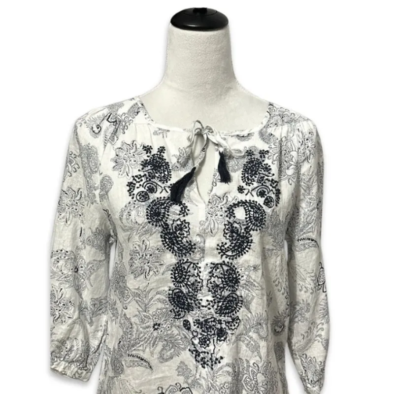 Malvin Linen Blouse Floral Paisley Pattern 3/4 Sleeves Tie - Image 2