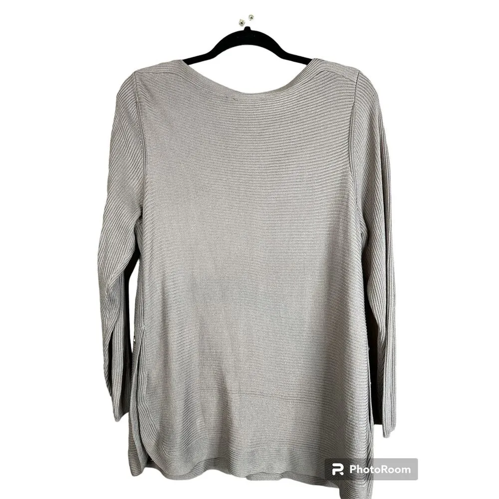 H&M Long Sleeve Side Buttons Grey Brown Beige Scoop Neck Sweater Size Large - Image 6