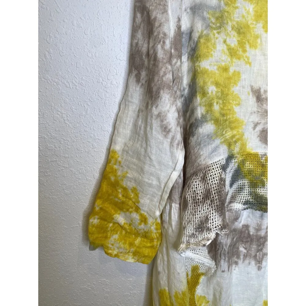 Belle France Italian Linen Tie Dye Tunic Coverup EUC Sz M Oversized Yellow Gray Size M - Image 5