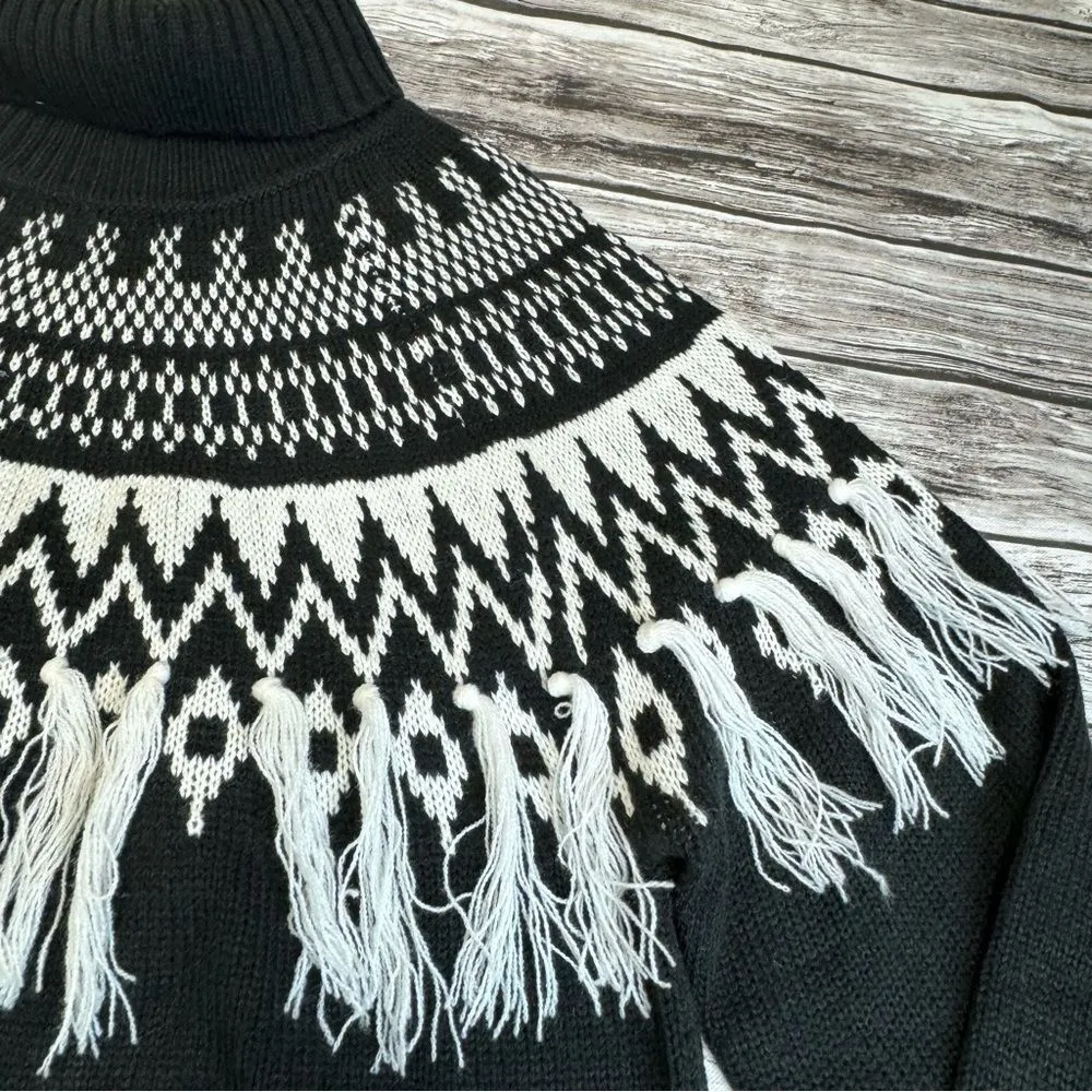 CATO Women Fair Isle Sweater Tassels Black White M Med Medium Raglan Long Sleeve - Image 7