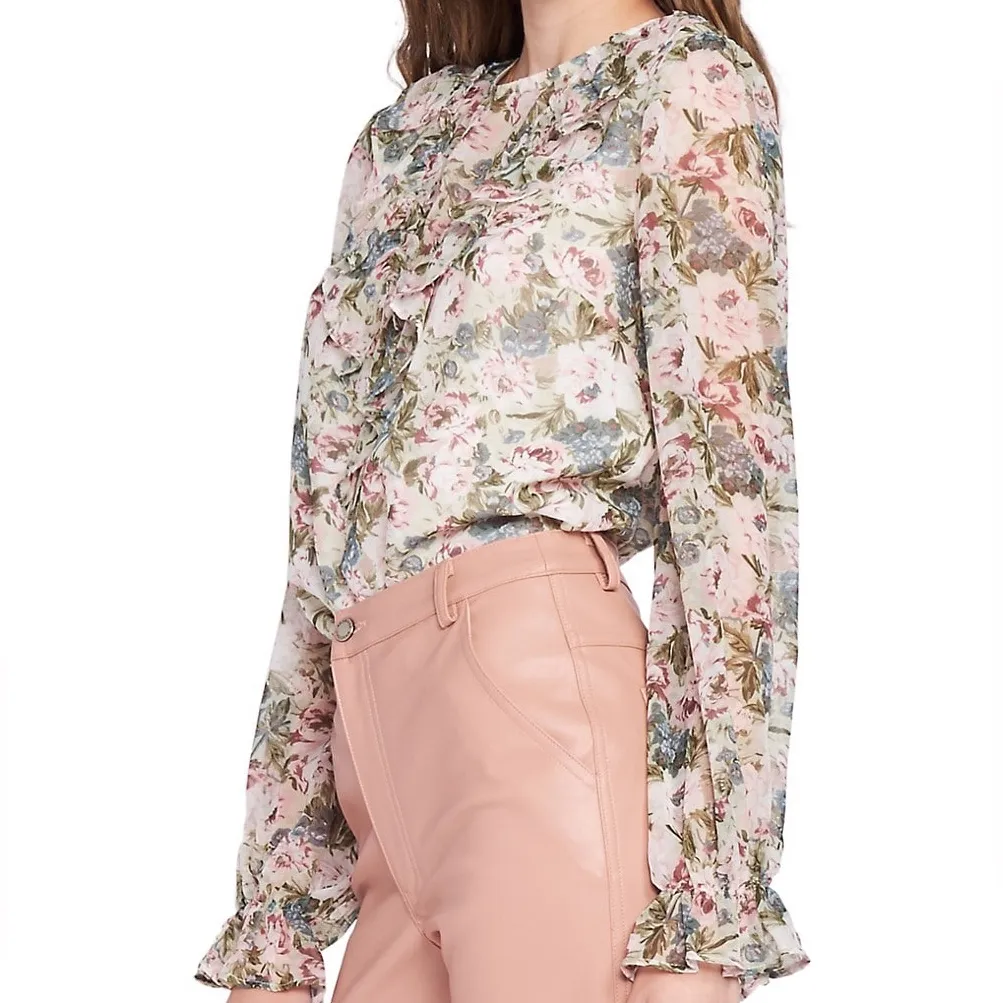 en saison Fleur Floral Ruffle‎ Panel Blouse Women’s Size Small Green - Image 3