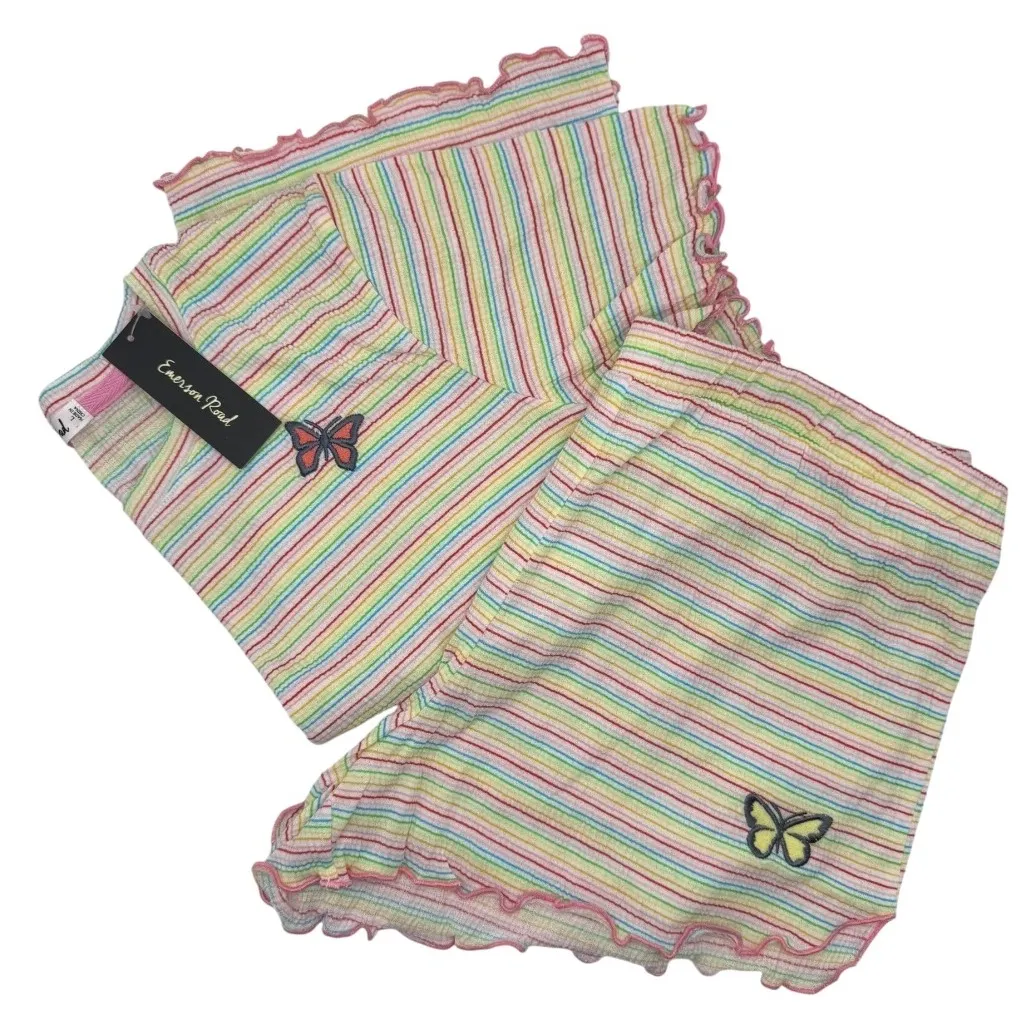Emerson Road Pajama Set Women Large Yellow Pink‎ Striped Butterfly Sleepwear NWT - Image 2