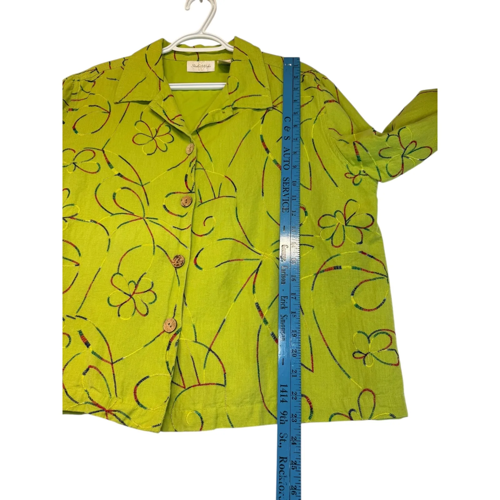 Vintage 90s Lime Green Linen Embroidered Floral Jacket Retro Light Happycore XL - Image 9