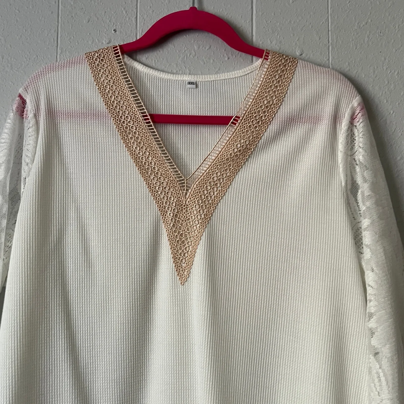 Waffle Knit Lace Sweater Womens XXL Stretch Modest Romantic Boho Clean Polished White - Image 3