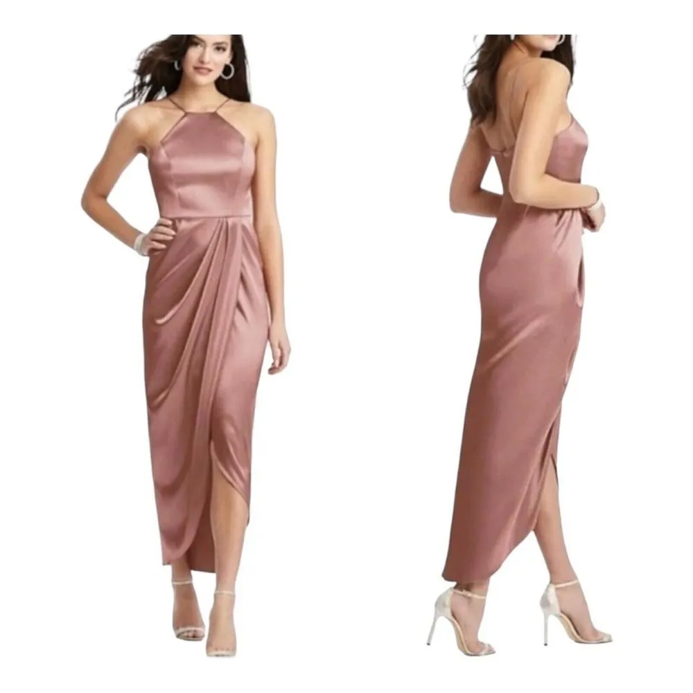 After Six Desert Rose Charmeuse Halter Midi Dress Draped Tulip Skirt 6829‎ Sz 2R - Image 2