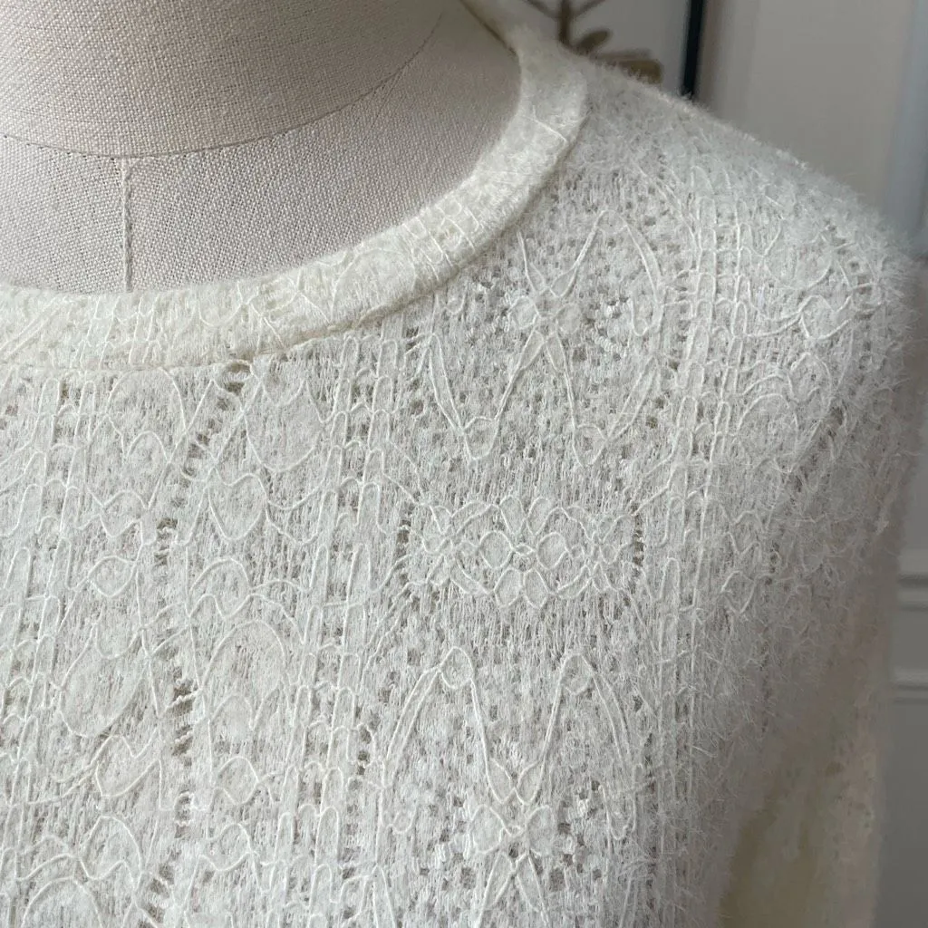 NWT Commense Floral Hollow Knit Crew Neck Long Sleeve Top Ivory L White Size L - Image 3