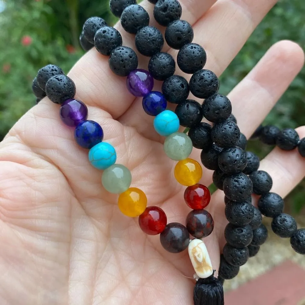 Black Lava Stone Chakra Mala Necklace Black - Image 4