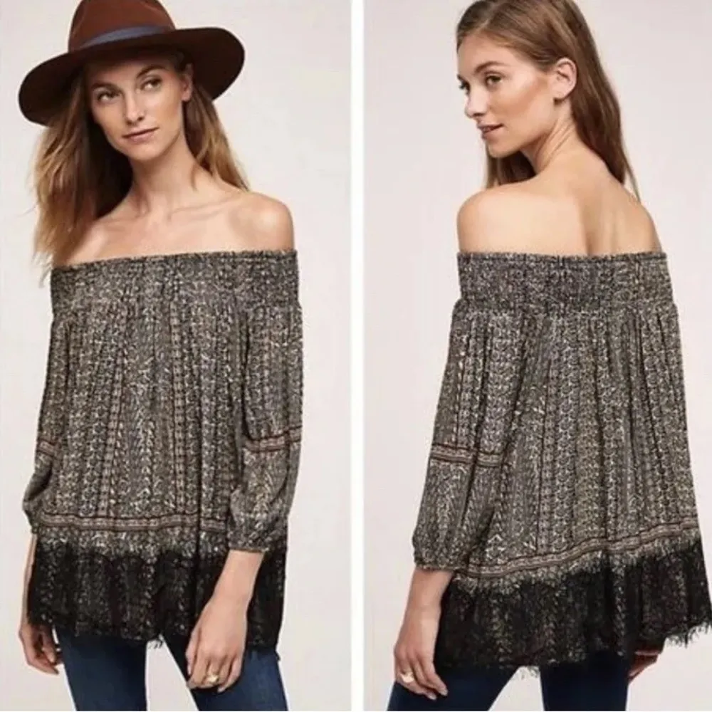 Anthropologie Black and Cream Off the Shoulder Lace Trim Western Boho Top Size S - Image 10