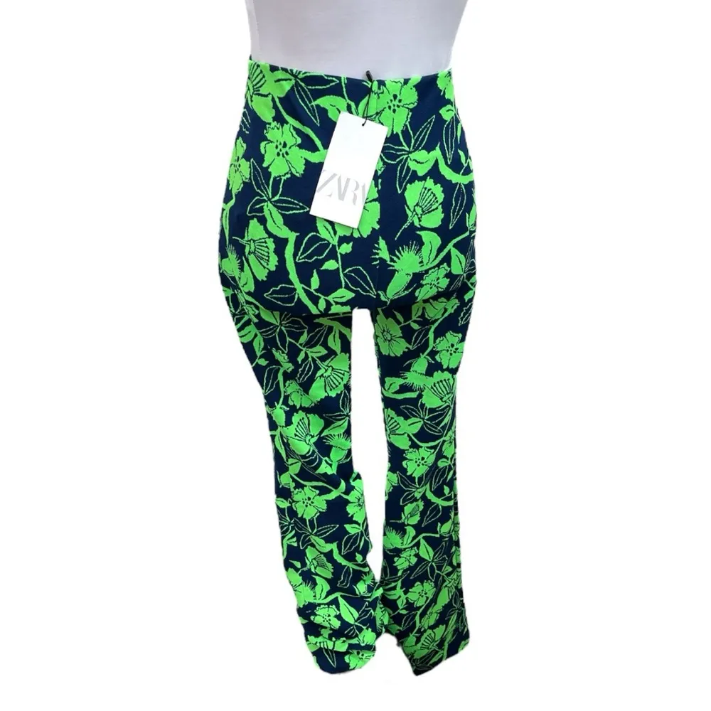 Zara Floral High Rise Bootcut Pants Green Navy Blue Size Small - Image 4