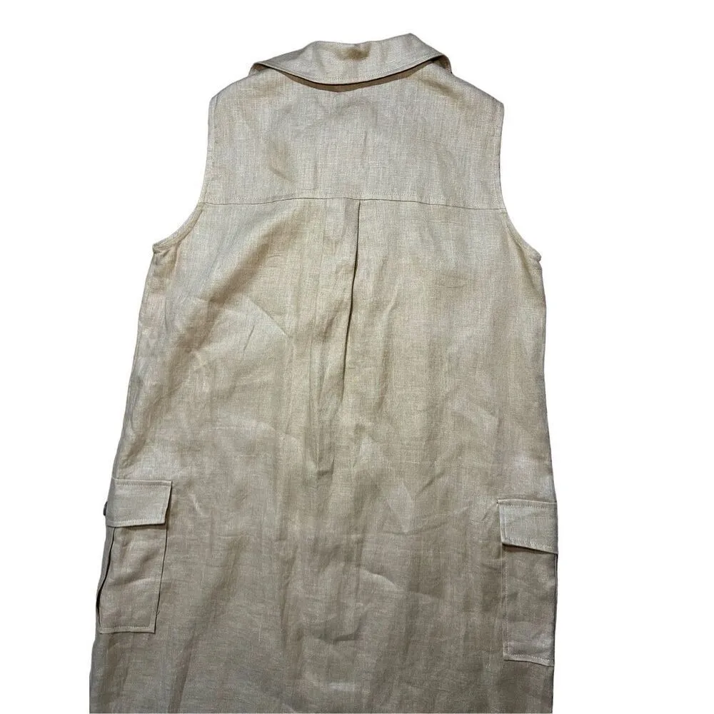 NEW adL womens linen button down midi dress cottage safari natural sz M in camel Tan Size M - Image 8