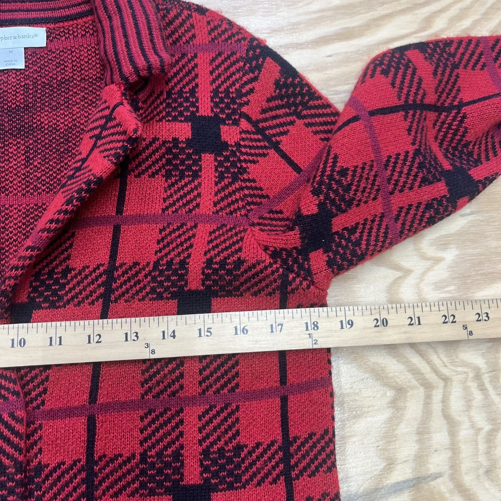 CHRISTOPHER & BANKS Knit Sweater Blazer Red Black Plaid Sz Medium Career Mature - Image 8