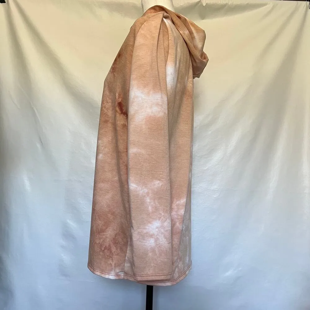 SJS Womens Wrap Cardigan Hooded Top SIze Medium Peach Open Front Tie Dye Boho Tan - Image 3