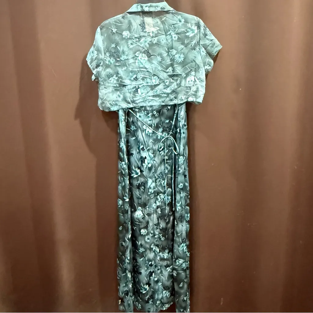 Jodi Michaels Blue Floral Maxi Dress w/Sheer Short Sleeve Cover, Size 13/14 Green - Image 2