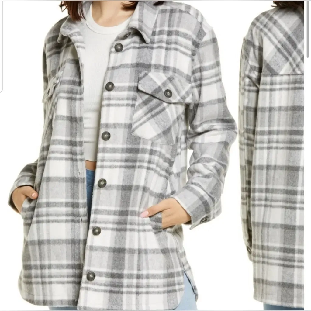 Thread and Supply Grey Plaid Shacket Jersey Lining | Flannel Jacket Shirt Size M - Image 2