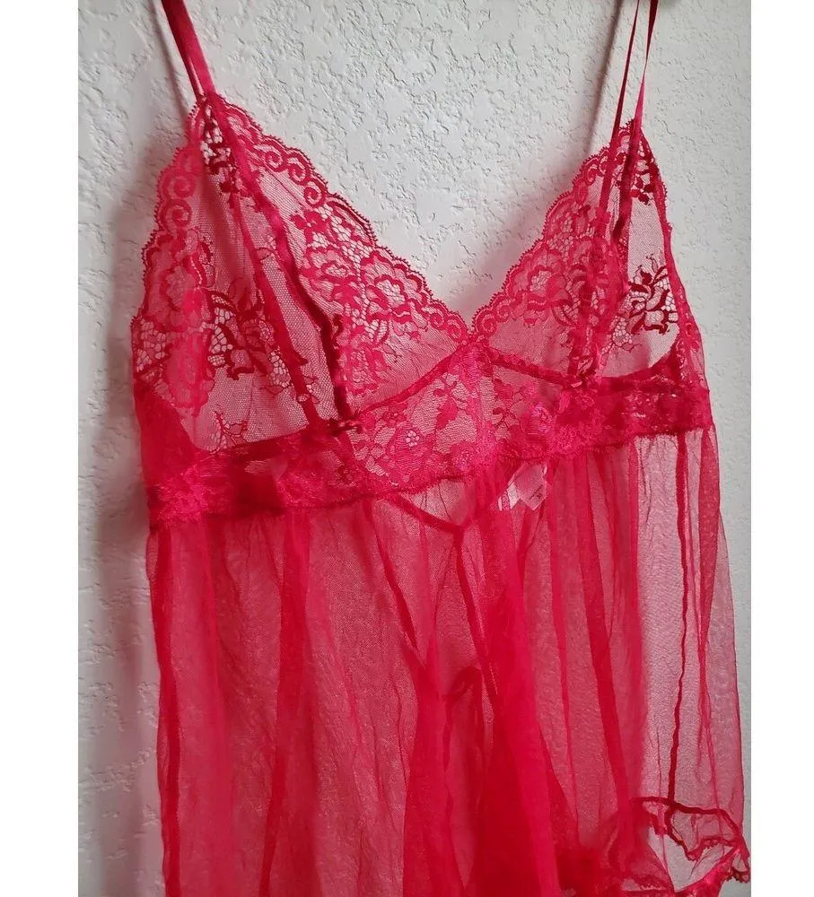 Victoria's Secret Babydoll Women Small Red Lace Bow Slip Dress Sheer Cami Ruffle - Image 2
