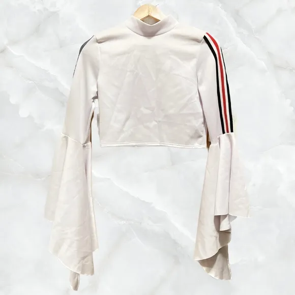 White Crop Top with Bell Bottom Sleeves and Stripes Size M - Image 2