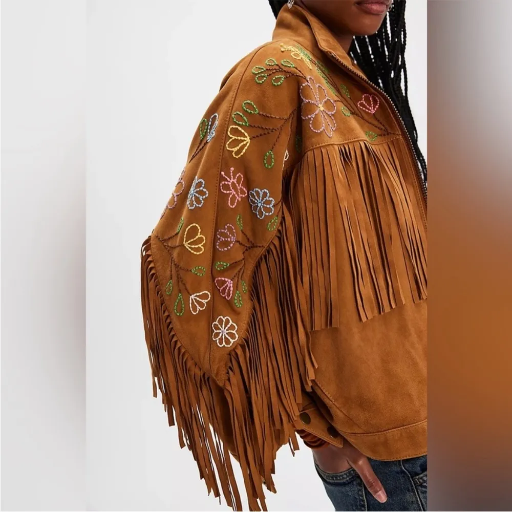 Free People Willa Western Bomber Tan Leather Jacket with Fringe Embroidery - Image 4