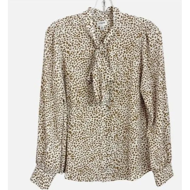 J. Crew White & Brown Leopard Print Bow Tie Neck Long Sleeve Blouse Size XL - Image 6