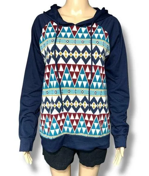 PS Kate Womens Hoodie Lightweight Hooded Sweatshirt Pullover Geo Print Medium Blue - Image 1